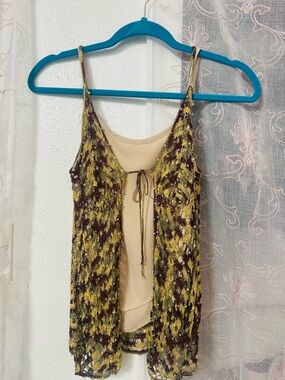 Lightweight Brown & Yellow Crochet Overlay Tank with Nude Liner